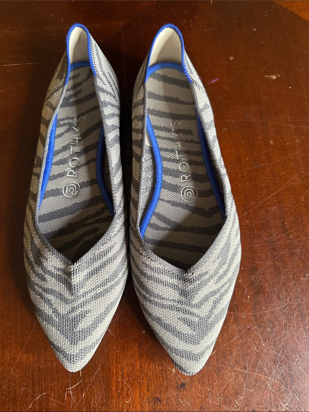 Rothy's Gray Zebra Pointed Flats with Blue Trim